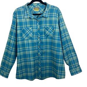 Cabela’s aqua & yellow spring plaid classic button front shirt pockets 2XL